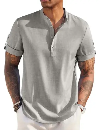 COOFANDY Men's Casual Henley Shirt Short Sleeve Linen Shirt Summer T-Shirts | Breathable Linen like texture, moisture-wicking, band collar, roll-up sleeves; easy match, great for beach, vacation & gifts 