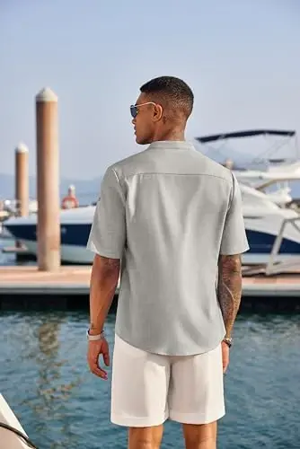 COOFANDY Men's Casual Henley Shirt Short Sleeve Linen Shirt Summer T-Shirts | Breathable Linen like texture, moisture-wicking, band collar, roll-up sleeves; easy match, great for beach, vacation & gifts - 3