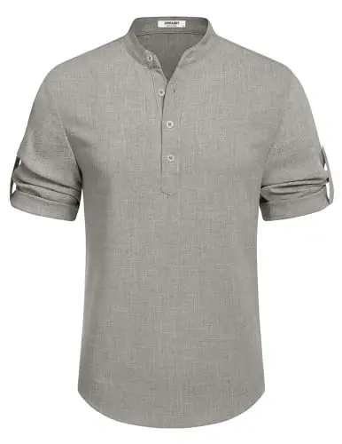 COOFANDY Men's Casual Henley Shirt Short Sleeve Linen Shirt Summer T-Shirts | Breathable Linen like texture, moisture-wicking, band collar, roll-up sleeves; easy match, great for beach, vacation & gifts - 6