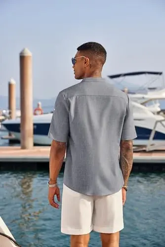 COOFANDY Men's Casual Henley Shirt Short Sleeve Linen Shirt Summer T-Shirts | Breathable Linen like texture, moisture-wicking, band collar, roll-up sleeves; easy match, great for beach, vacation & gifts - 3