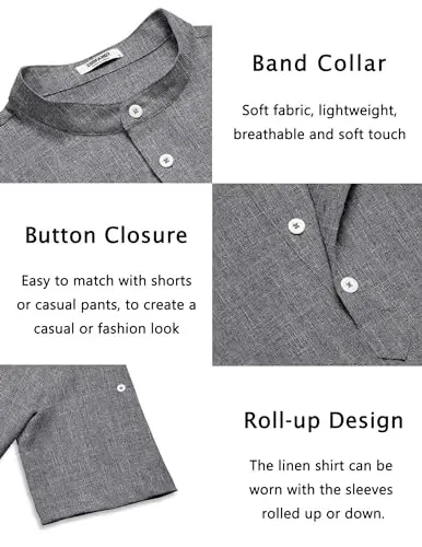 COOFANDY Men's Casual Henley Shirt Short Sleeve Linen Shirt Summer T-Shirts | Breathable Linen like texture, moisture-wicking, band collar, roll-up sleeves; easy match, great for beach, vacation & gifts - 5