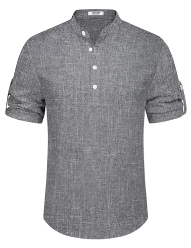 COOFANDY Men's Casual Henley Shirt Short Sleeve Linen Shirt Summer T-Shirts | Breathable Linen like texture, moisture-wicking, band collar, roll-up sleeves; easy match, great for beach, vacation & gifts - 6