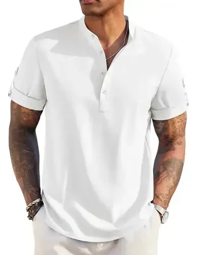 COOFANDY Men's Casual Henley Shirt Short Sleeve Band Collar Linen Shirt Summer Beach Hippie T-Shirts - COOFANDY