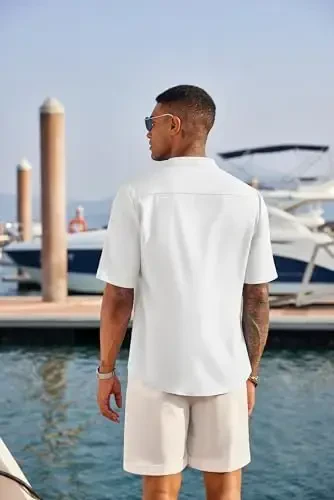 COOFANDY Men's Casual Henley Shirt Short Sleeve Band Collar Linen Shirt Summer Beach Hippie T-Shirts - 3