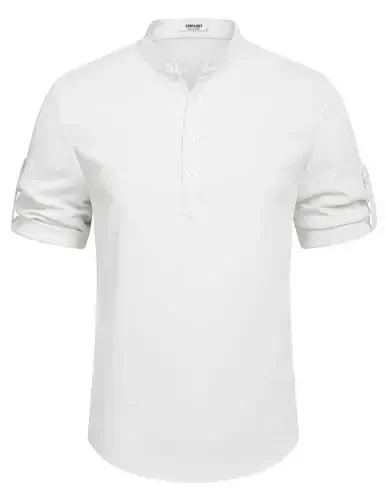 COOFANDY Men's Casual Henley Shirt Short Sleeve Band Collar Linen Shirt Summer Beach Hippie T-Shirts - 6