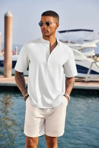 COOFANDY Men's Casual Henley Shirt Short Sleeve Band Collar Linen Shirt Summer Beach Hippie T-Shirts - COOFANDY (1)