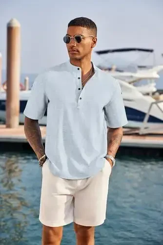 COOFANDY Men's Casual Henley Shirt Short Sleeve Band Collar Linen Shirt Summer Beach Hippie T-Shirts - COOFANDY (1)