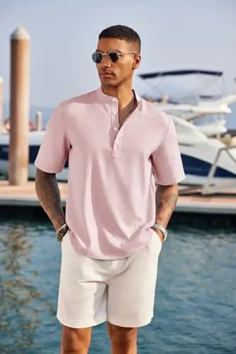 COOFANDY Men's Casual Henley Shirt Short Sleeve Linen Shirt Summer T-Shirts | Breathable Linen like texture, moisture-wicking, band collar, roll-up sleeves; easy match, great for beach, vacation & gifts - 2