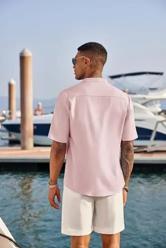 COOFANDY Men's Casual Henley Shirt Short Sleeve Linen Shirt Summer T-Shirts | Breathable Linen like texture, moisture-wicking, band collar, roll-up sleeves; easy match, great for beach, vacation & gifts - 3