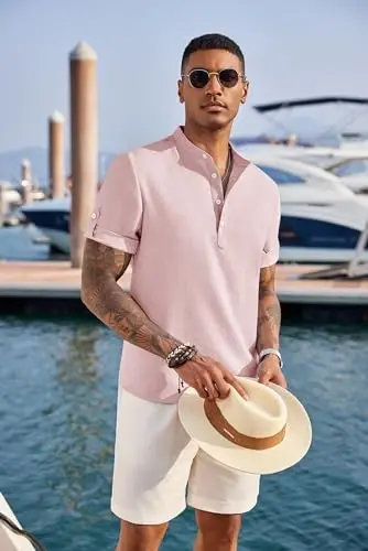COOFANDY Men's Casual Henley Shirt Short Sleeve Linen Shirt Summer T-Shirts | Breathable Linen like texture, moisture-wicking, band collar, roll-up sleeves; easy match, great for beach, vacation & gifts - 4