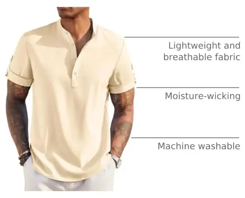 COOFANDY Men's Casual Henley Shirt Short Sleeve Linen Shirt Summer T-Shirts | Breathable Linen like texture, moisture-wicking, band collar, roll-up sleeves; easy match, great for beach, vacation & gifts - 1