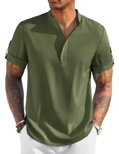 COOFANDY Men's Casual Henley Shirt Band Collar Short Sleeve Shirt Summer Beach Hippie T-Shirt 