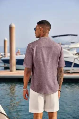 COOFANDY Men's Casual Henley Shirt Short Sleeve Linen Shirt Summer T-Shirts | Breathable Linen like texture, moisture-wicking, band collar, roll-up sleeves; easy match, great for beach, vacation & gifts - 4