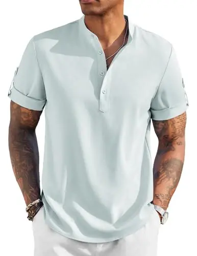 COOFANDY Men's Casual Henley Shirt Short Sleeve Linen Shirt Summer T-Shirts | Breathable Linen like texture, moisture-wicking, band collar, roll-up sleeves; easy match, great for beach, vacation & gifts 