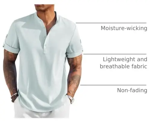 COOFANDY Men's Casual Henley Shirt Short Sleeve Linen Shirt Summer T-Shirts | Breathable Linen like texture, moisture-wicking, band collar, roll-up sleeves; easy match, great for beach, vacation & gifts - 4
