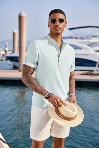 COOFANDY Men's Casual Henley Shirt Short Sleeve Linen Shirt Summer T-Shirts | Breathable Linen like texture, moisture-wicking, band collar, roll-up sleeves; easy match, great for beach, vacation & gifts - 5