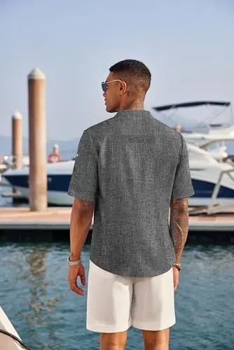 COOFANDY Men's Casual Henley Shirt Short Sleeve Linen Shirt Summer T-Shirts | Breathable Linen like texture, moisture-wicking, band collar, roll-up sleeves; easy match, great for beach, vacation & gifts - 3