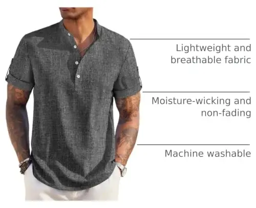 COOFANDY Men's Casual Henley Shirt Short Sleeve Linen Shirt Summer T-Shirts | Breathable Linen like texture, moisture-wicking, band collar, roll-up sleeves; easy match, great for beach, vacation & gifts - 4