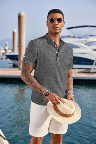 COOFANDY Men's Casual Henley Shirt Short Sleeve Linen Shirt Summer T-Shirts | Breathable Linen like texture, moisture-wicking, band collar, roll-up sleeves; easy match, great for beach, vacation & gifts - 5