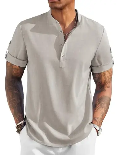 COOFANDY Men's Casual Henley Shirt Short Sleeve Linen Shirt Summer T-Shirts | Breathable Linen like texture, moisture-wicking, band collar, roll-up sleeves; easy match, great for beach, vacation & gifts - 1