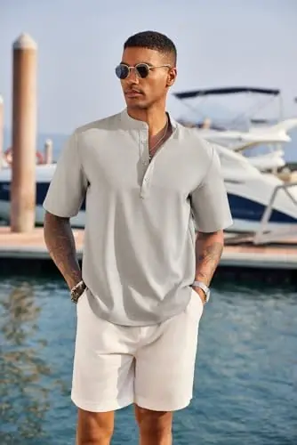 COOFANDY Men's Casual Henley Shirt Short Sleeve Linen Shirt Summer T-Shirts | Breathable Linen like texture, moisture-wicking, band collar, roll-up sleeves; easy match, great for beach, vacation & gifts - 2