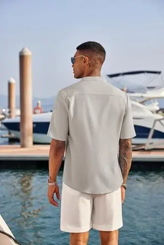 COOFANDY Men's Casual Henley Shirt Short Sleeve Linen Shirt Summer T-Shirts | Breathable Linen like texture, moisture-wicking, band collar, roll-up sleeves; easy match, great for beach, vacation & gifts - 3