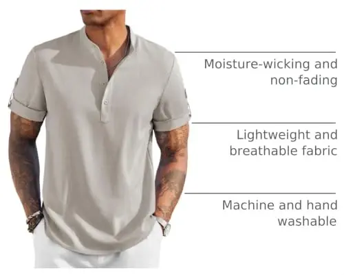 COOFANDY Men's Casual Henley Shirt Short Sleeve Linen Shirt Summer T-Shirts | Breathable Linen like texture, moisture-wicking, band collar, roll-up sleeves; easy match, great for beach, vacation & gifts - 4