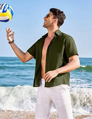 COOFANDY Mens Casual Linen Shirt Short Sleeve Button Down Shirt Summer Beach Hawaiian Shirts - 5