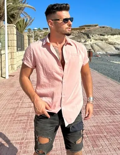 COOFANDY Mens Casual Linen Shirt Short Sleeve Button Down Shirt Summer Beach Hawaiian Shirts - 5