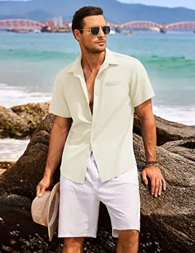 COOFANDY Mens Casual Linen Shirt Short Sleeve Button Down Shirt Summer Beach Hawaiian Shirts - 3