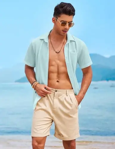 COOFANDY Mens Casual Linen Shirt Short Sleeve Button Down Shirt Summer Beach Hawaiian Shirts - 3