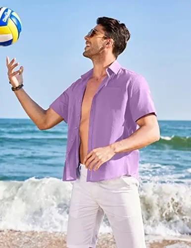 COOFANDY Mens Casual Linen Shirt Short Sleeve Button Down Shirt Summer Beach Hawaiian Shirts - 5