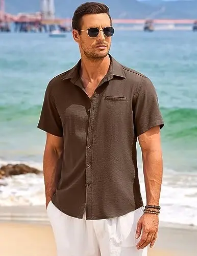 COOFANDY Mens Casual Linen Shirt Short Sleeve Button Down Shirt Summer Beach Hawaiian Shirts - COOFANDY (1)