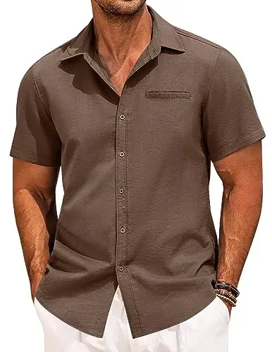 COOFANDY Mens Casual Linen Shirt Short Sleeve Button Down Shirt Summer Beach Hawaiian Shirts - COOFANDY