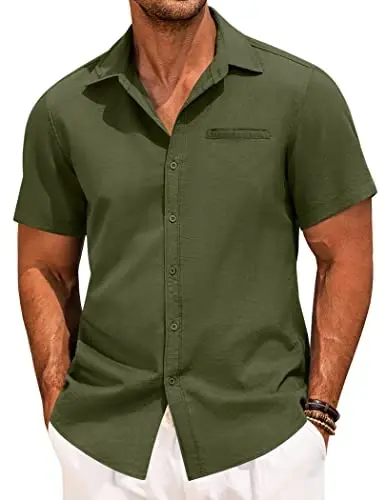 COOFANDY Mens Casual Linen Shirt Short Sleeve Button Down Shirt Summer Beach Hawaiian Shirts - COOFANDY