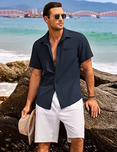 COOFANDY Mens Casual Linen Shirt Short Sleeve Button Down Shirt Summer Beach Hawaiian Shirts - 3