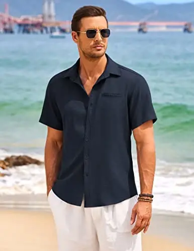 COOFANDY Mens Casual Linen Shirt Short Sleeve Button Down Shirt Summer Beach Hawaiian Shirts - MODAZONE (1)
