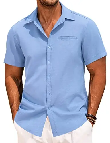 COOFANDY Mens Casual Linen Shirt Short Sleeve Button Down Shirt Summer Beach Hawaiian Shirts 