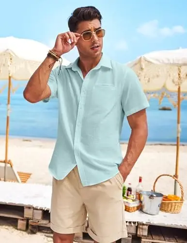 COOFANDY Mens Casual Linen Shirt Short Sleeve Button Down Shirt Summer Beach Hawaiian Shirts - 2