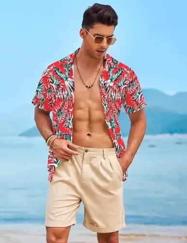 COOFANDY Mens Casual Linen Shirt Short Sleeve Button Down Shirt Summer Beach Hawaiian Shirts - 3