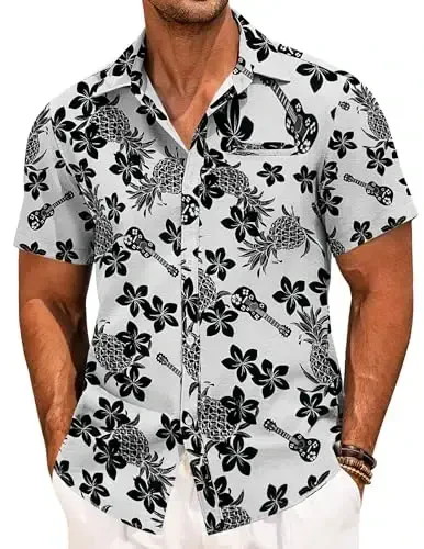 COOFANDY Mens Casual Linen Shirt Short Sleeve Button Down Shirt Summer Beach Hawaiian Shirts - MODAZONE
