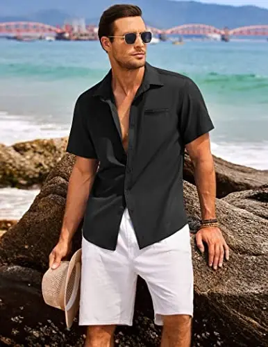 COOFANDY Mens Casual Linen Shirt Short Sleeve Button Down Shirt Summer Beach Hawaiian Shirts - 3
