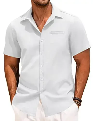 COOFANDY Mens Casual Linen Shirt Short Sleeve Button Down Shirt Summer Beach Hawaiian Shirts - MODAZONE