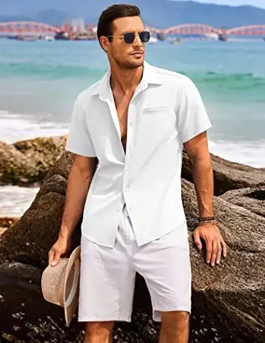 COOFANDY Mens Casual Linen Shirt Short Sleeve Button Down Shirt Summer Beach Hawaiian Shirts - 3