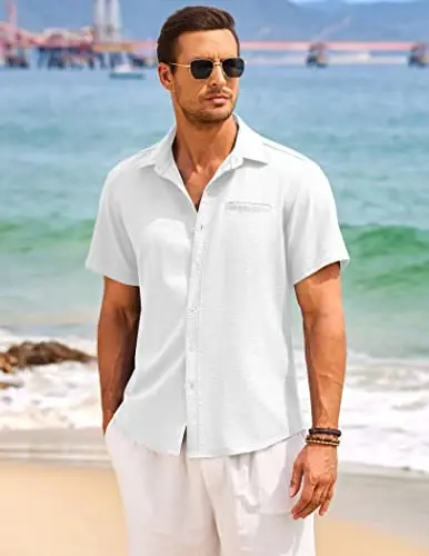 COOFANDY Mens Casual Linen Shirt Short Sleeve Button Down Shirt Summer Beach Hawaiian Shirts - MODAZONE (1)