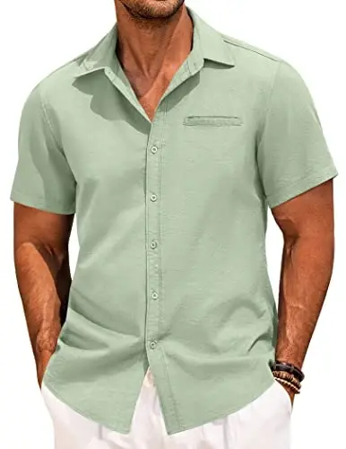 COOFANDY Mens Casual Linen Shirt Short Sleeve Button Down Shirt Summer Beach Hawaiian Shirts 