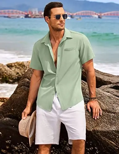 COOFANDY Mens Casual Linen Shirt Short Sleeve Button Down Shirt Summer Beach Hawaiian Shirts - 3