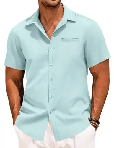 COOFANDY Mens Casual Linen Shirt Short Sleeve Button Down Shirt Summer Beach Hawaiian Shirts - 1