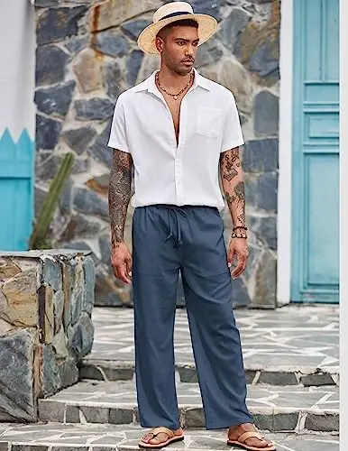 COOFANDY Mens Casual Linen Pants Elastic Waist Linen Pants Drawstring Summer Beach Yoga Linen Trouser - 3