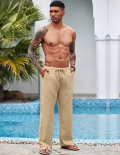 COOFANDY Mens Casual Linen Pants Elastic Waist Linen Pants Drawstring Summer Beach Yoga Linen Trouser - COOFANDY (1)